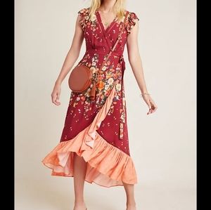 FarmRio for Anthropologie midi ruffle wrap dress (Size 1X)